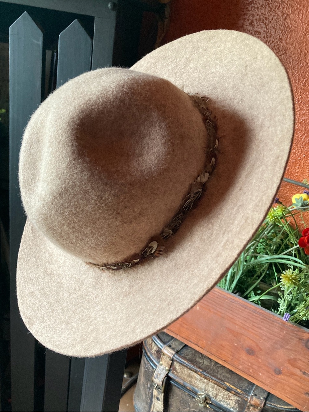 Unbranded tan wool hat with feather band accent